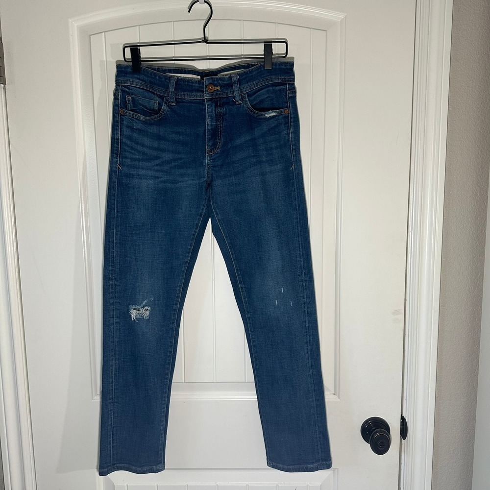 Anthropologie Pilcro Slim Boyfriend Blue Jeans Distressed‎ Mid Rise Size 27